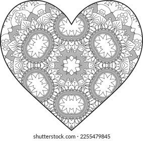 Heart Mandala flower for adult coloring book. Coloring book for adults. Heart. Hand-drawn flower heart for adult anti-stress. Valentine's day greetings. Doodle heart decorative mandala coloring page.