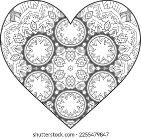 Heart Mandala flower for adult coloring book. Coloring book for adults. Heart. Hand-drawn flower heart for adult anti-stress. Valentine's day greetings. Doodle heart decorative mandala coloring page.