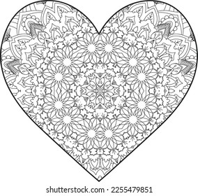 Heart Mandala flower for adult coloring book. Coloring book for adults. Heart. Hand-drawn flower heart for adult anti-stress. Valentine's day greetings. Doodle heart decorative mandala coloring page.