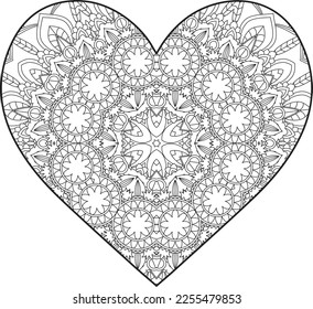 Heart Mandala flower for adult coloring book. Coloring book for adults. Heart. Hand-drawn flower heart for adult anti-stress. Valentine's day greetings. Doodle heart decorative mandala coloring page.