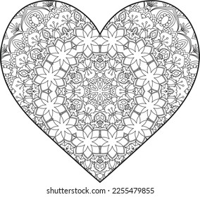 Heart Mandala flower for adult coloring book. Coloring book for adults. Heart. Hand-drawn flower heart for adult anti-stress. Valentine's day greetings. Doodle heart decorative mandala coloring page.