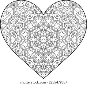 Heart Mandala flower for adult coloring book. Coloring book for adults. Heart. Hand-drawn flower heart for adult anti-stress. Valentine's day greetings. Doodle heart decorative mandala coloring page.