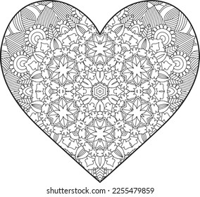 Heart Mandala flower for adult coloring book. Coloring book for adults. Heart. Hand-drawn flower heart for adult anti-stress. Valentine's day greetings. Doodle heart decorative mandala coloring page.