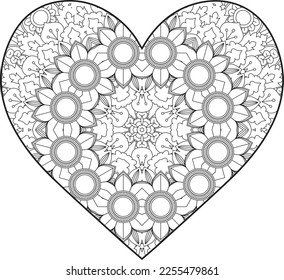 Heart Mandala flower for adult coloring book. Coloring book for adults. Heart. Hand-drawn flower heart for adult anti-stress. Valentine's day greetings. Doodle heart decorative mandala coloring page.