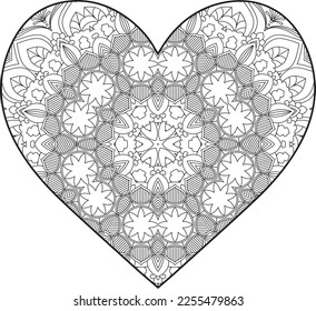 Heart Mandala flower for adult coloring book. Coloring book for adults. Heart. Hand-drawn flower heart for adult anti-stress. Valentine's day greetings. Doodle heart decorative mandala coloring page.