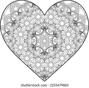 Heart Mandala flower for adult coloring book. Coloring book for adults. Heart. Hand-drawn flower heart for adult anti-stress. Valentine's day greetings. Doodle heart decorative mandala coloring page.