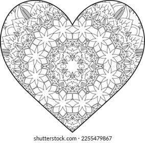 Heart Mandala flower for adult coloring book. Coloring book for adults. Heart. Hand-drawn flower heart for adult anti-stress. Valentine's day greetings. Doodle heart decorative mandala coloring page.