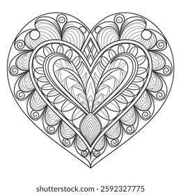heart with mandala flowers coloring page line art