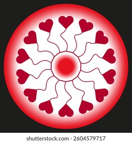 Heart mandala icon. Red radial pattern. Romantic abstract shape. Bold vector design.