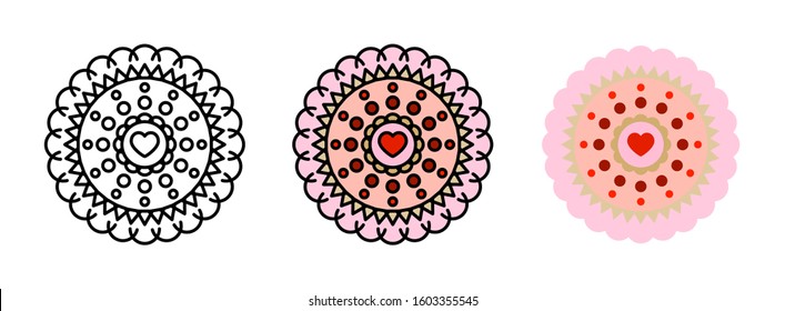 heart mandala icon set isolated on white background for web design,Valentine day concept
