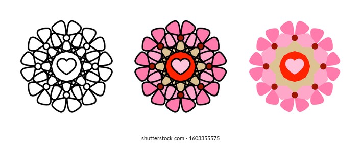 heart mandala icon set isolated on white background for web design,Valentine day concept