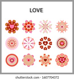 heart mandala icon set isolated on white background for web design,Valentine day concept