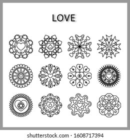 heart mandala icon set isolated on white background for web design,Valentine day concept