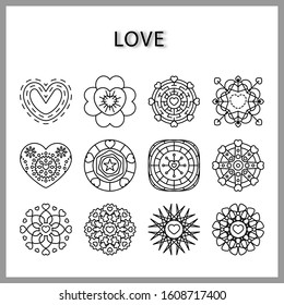 heart mandala icon set isolated on white background for web design,Valentine day concept