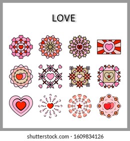 heart mandala icon set isolated on white background for web design,Valentine day concept