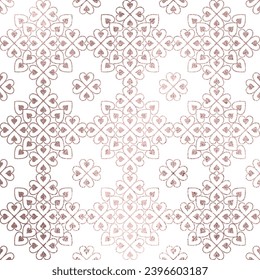 Heart mandala seamless pattern in rose gold, transparent background