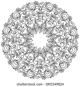 Heart mandala with swirls and patterns, anti stress coloring page for Valentine's day vector illustration