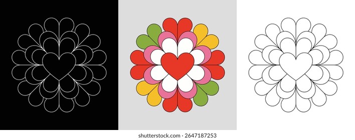 Heart mandala with symmetrical lines and bright, loving cheerful hues for romantic decor.