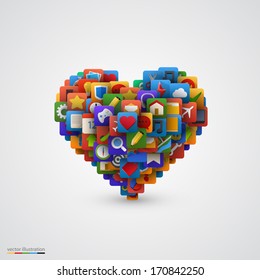 Heart with many application icons. Vector illustration