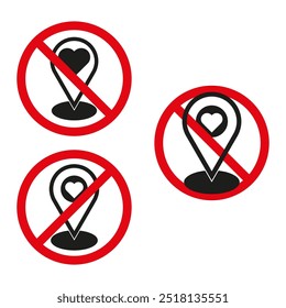 Heart map location ban. Vector prohibition symbol. Black, red, white elements. Love marker forbidden.