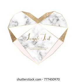 Heart marble polygonal frame with gold glitter triangles, geometric elements and diamond shape. 