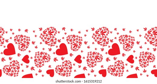 Heart with marijuana leaves seamless vector pattern border.Valentine's day background