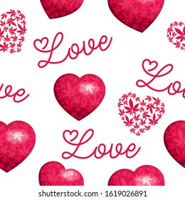 Heart  and  marijuana leaves seamless vector pattern.Valentine's day vector background