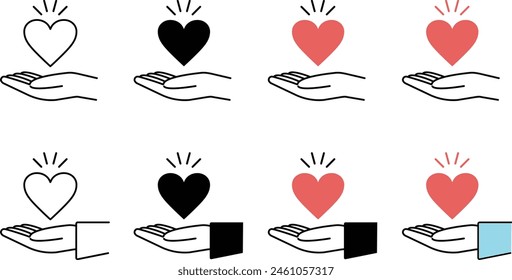 Heart mark and hand icon set