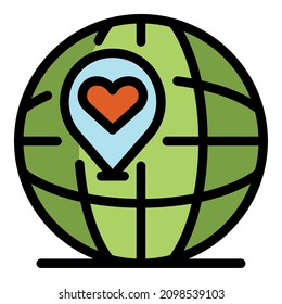 Heart mark on the globe icon. Outline heart mark on the globe vector icon color flat isolated