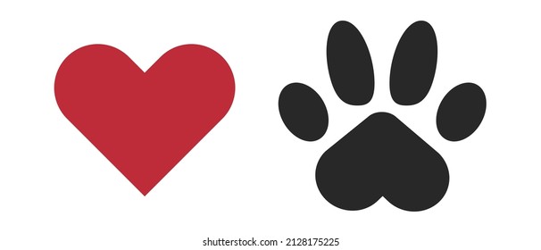 Heart mark and paw icon set. Affection and footprints. Pet lovers. Vector.