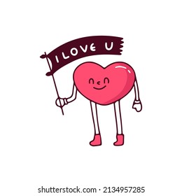 Heart mascot character holding flag with i love you typography, illustration for t-shirt, street wear, sticker, or apparel merchandise. With retro, and cartoon style.