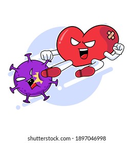 Heart mascot character kicking corona virus, Love against virus concept