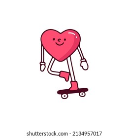 Heart mascot character riding skateboard, illustration for t-shirt, street wear, sticker, or apparel merchandise. With retro, and cartoon style.