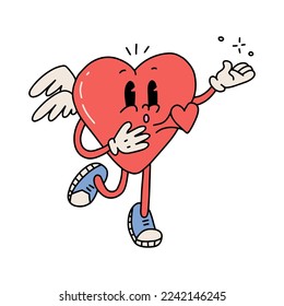 Caricatura retro de mascota del corazón con un corazón latiendo. Cute groovy caricatura cupido mascota para tarjetas de felicitación del día de San Valentín. Ilustración aislada de contorno de vectores dibujada a mano.