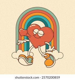 Heart mascot in retro groovy style. Valentine's Day vintage heart character crazy in love. Rainbow, clouds