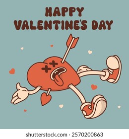 Heart mascot in retro groovy style. Valentine's Day vintage heart character killed by Cupid`s arrow. February 14 vector