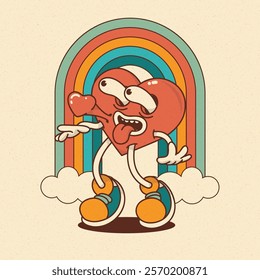 Heart mascot in retro groovy style. Valentine's Day vintage heart character crazy in love. Rainbow, clouds