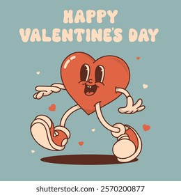 Heart mascot in retro groovy style. Valentine's Day vintage heart character crazy in love. February 14 vector