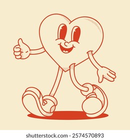 Heart mascot in retro groovy style. Valentine's Day vintage  heart character. February 14 vector