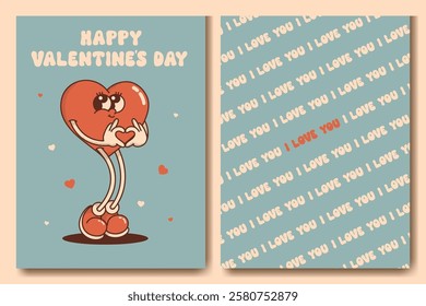 Heart mascot in retro groovy style. Valentine's Day vintage heart character. February 14 vector set of posters