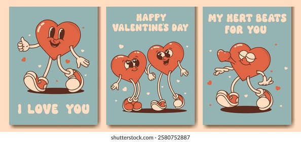 Heart mascot in retro groovy style. Valentine's Day vintage heart character. February 14 vector set of posters