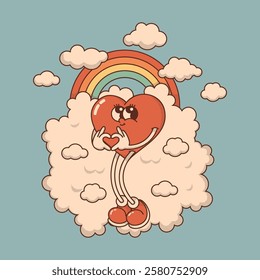 Heart mascot in retro groovy style. Valentine's Day vintage heart character crazy in love. Rainbow, clouds, arrow