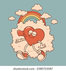 Heart mascot in retro groovy style. Valentine's Day vintage heart character crazy in love. Rainbow, clouds