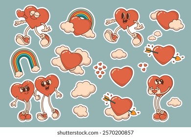 Heart mascot set in retro groovy style sticker set. Valentine's Day vintage heart character, rainbow, clouds, arrows