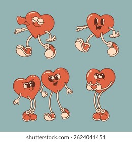 Mascote do coração definido em estilo retro groovy. Dia dos Namorados vintage personagem do coração louco no amor. 