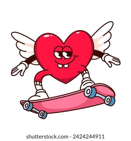 Heart mascot with wings. Cute groovy cartoon cupid on skateboard. Cartoon isolated retro hippie mascot with funky heart face, sticker for Valentine's day. Trendy 70s, 80s style, vector illustration.