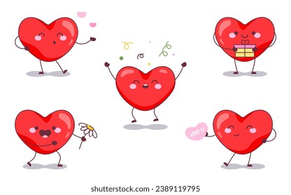 Heart Mascots Celebration Set. Vector Illustration of Love Heart Characters with Various Happy Gestures, Perfect for Valentine's Day and Romantic Banners or Cards.