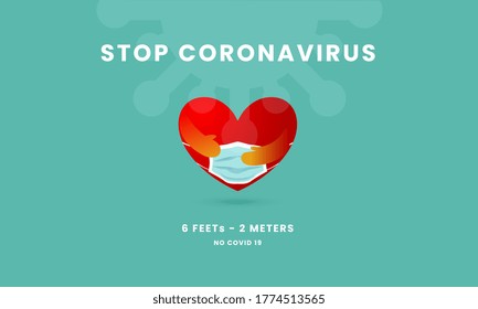 Heart with mask for social distancing notice, No coronavirus for stop covid 19 virus covid-19 or corona protected Help protect people stop virus warning on blue background