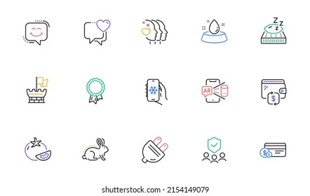 Heart, Mattress and Payment method line icons for website, printing. Collection of Success, Water bowl, Tomato icons. Smile chat, Wallet, Animal tested web elements. Air conditioning. Vector