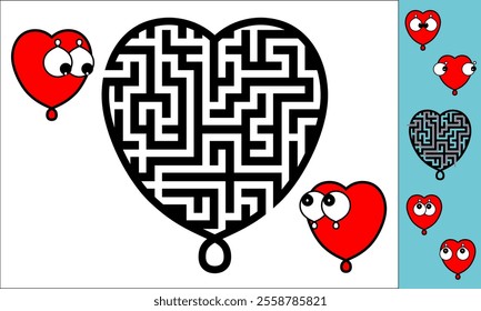 Heart Maze with Curious Cartoon Characters - Symbol of Love, Emotion, and Puzzle